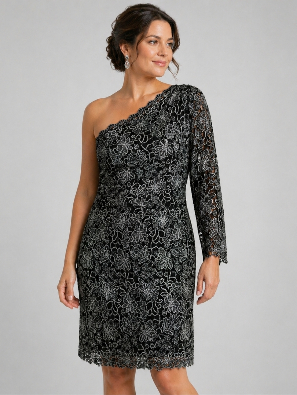 LAUREN RALPH LAUREN Size 12 One Shoulder Black with Silver Floral Lace Dress NWT